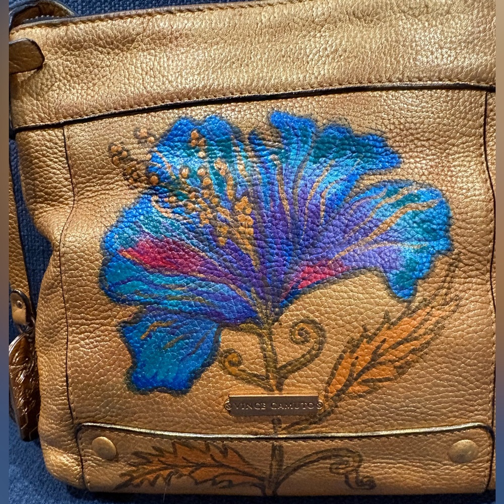 Vince Camuto Hand Painted Leather Crossbody Bag | Gold Floral Artisan Purse - Picture 2 of 14